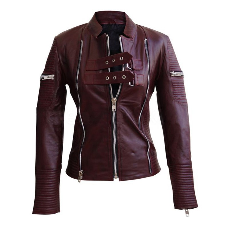 Women Distressed Maroon Red Sheep Jacket Ladies Genuine Leather Zipper Jacket 